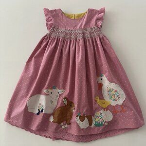 Mini Boden Girls 6-7 Yrs EUC Pink Smocked Easter Dress Applique Bunny Spring